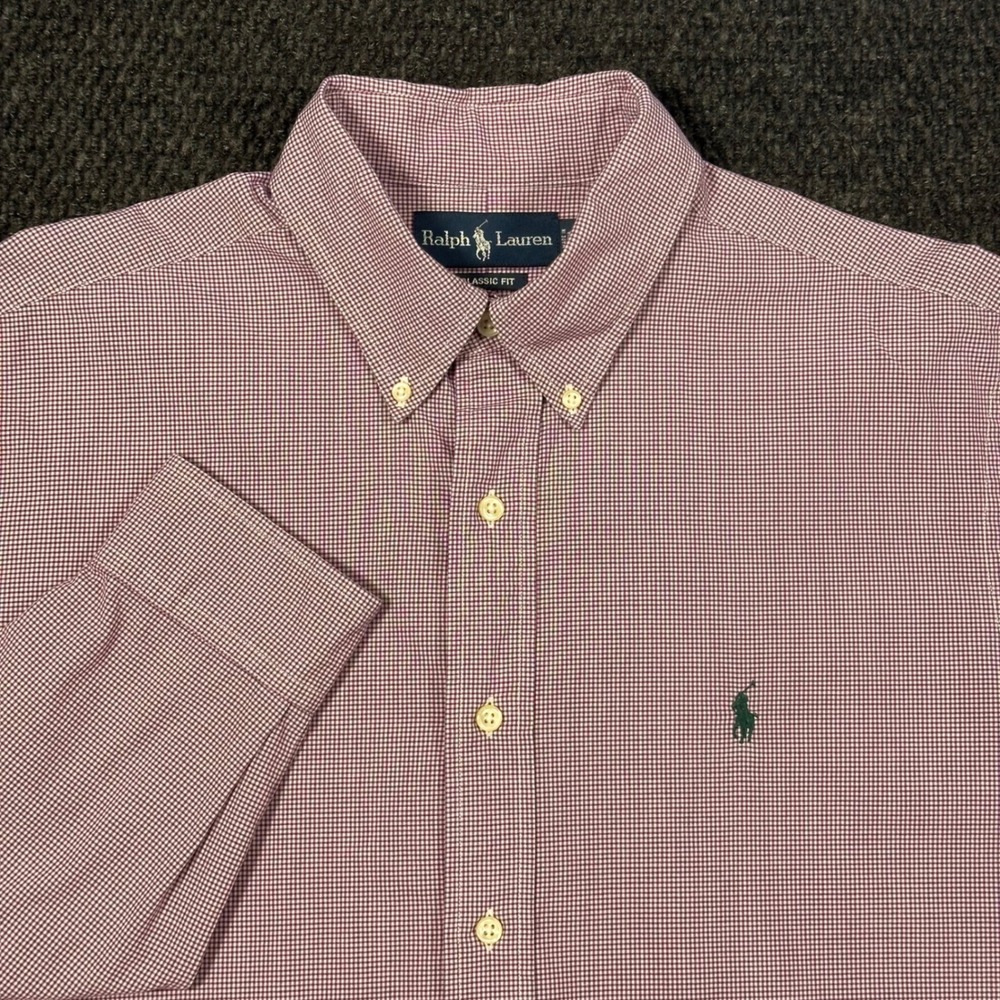 Polo Ralph Lauren Dress Shirt Mens 16.5 32/33 Classic Fit Burgundy Gingham Pony